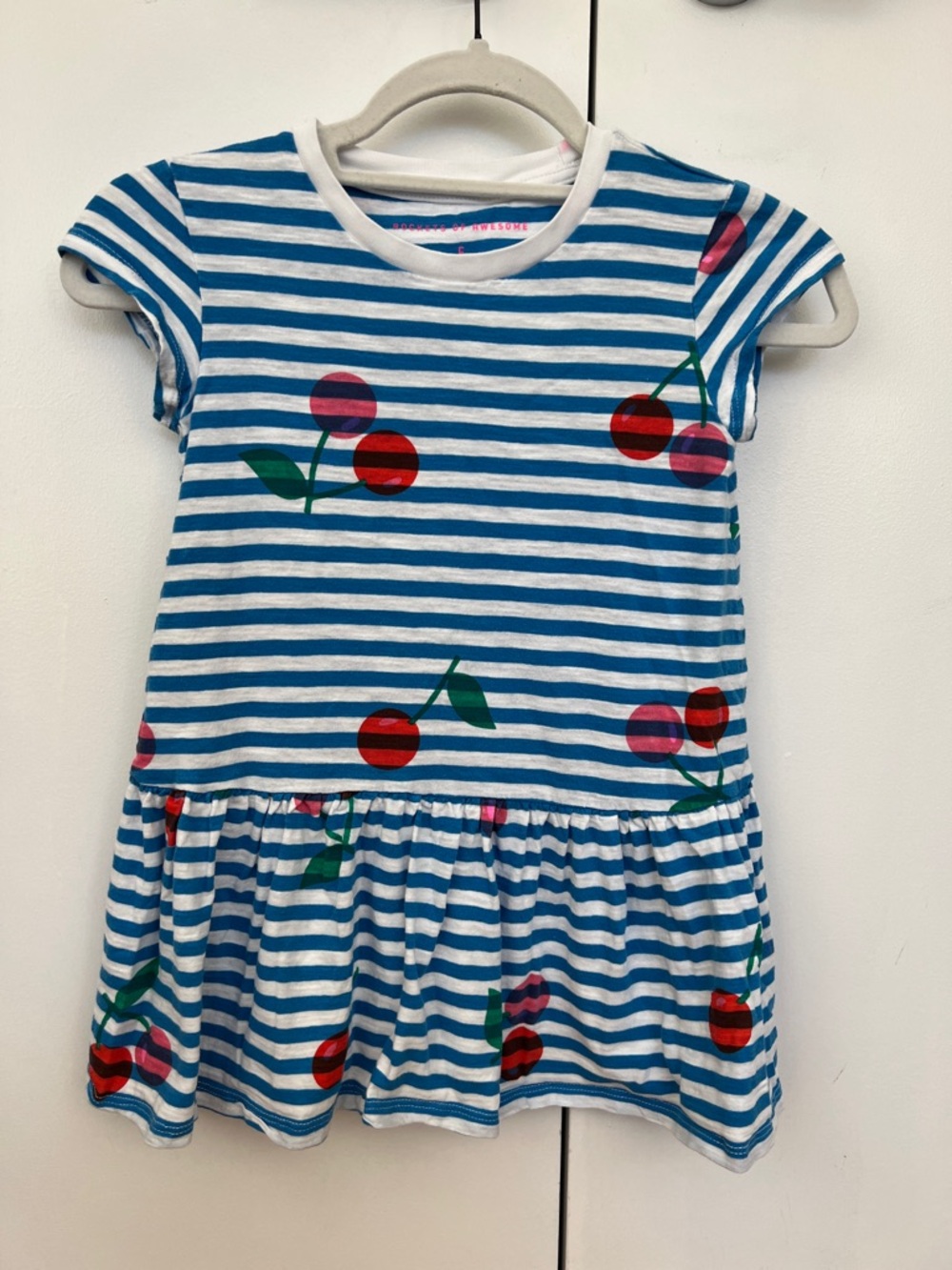 Blue & White Stripe Cherry Print Dress - size 5